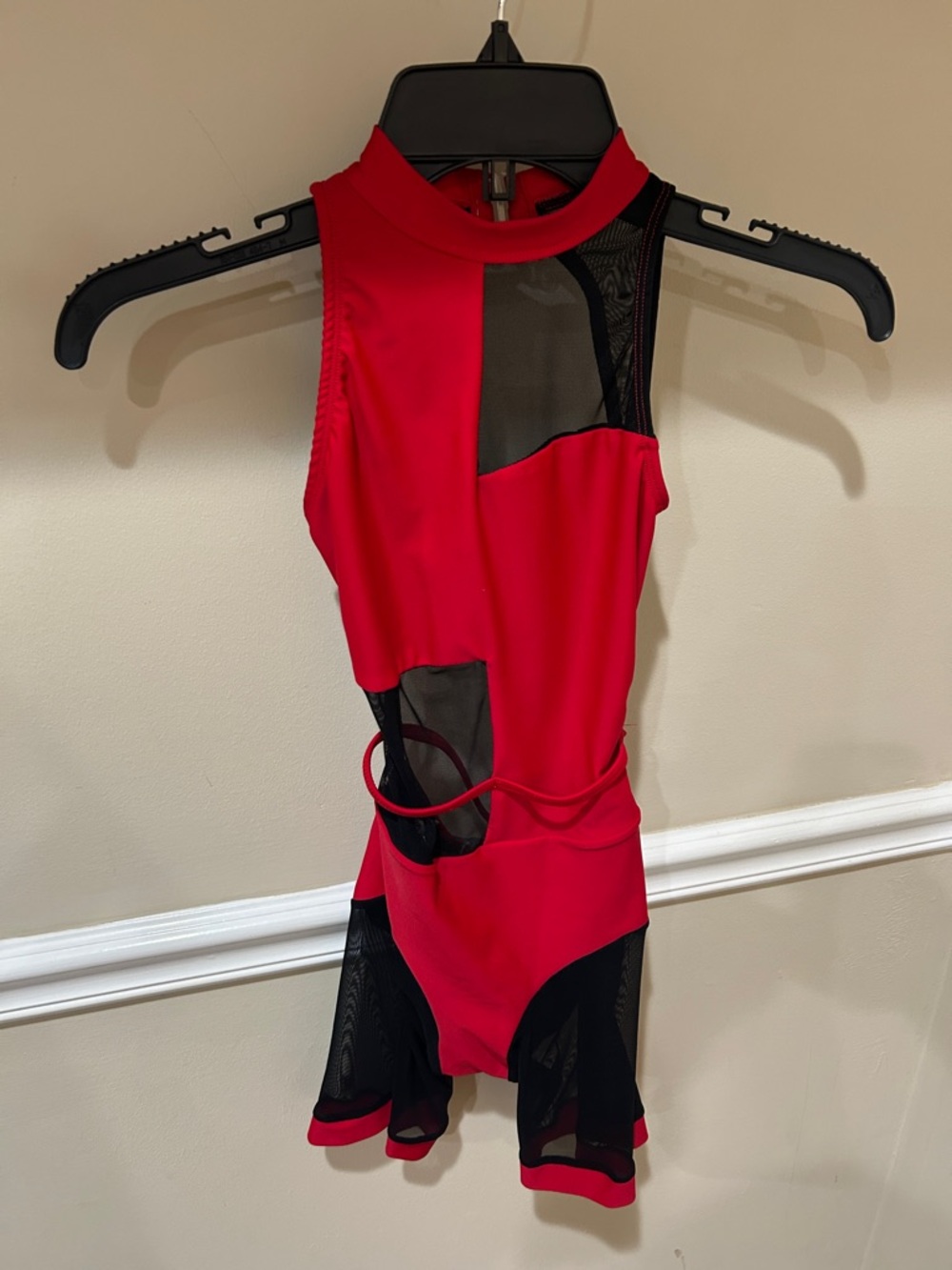 Girls Red Dance Leotard with Black Mesh Insets